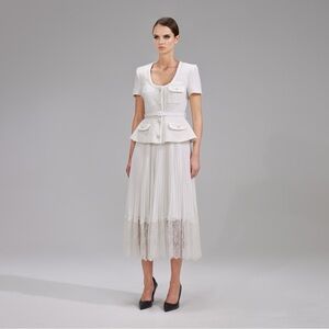 Self-Portrait Cream Pleated Lace-Trim Midi Skirt